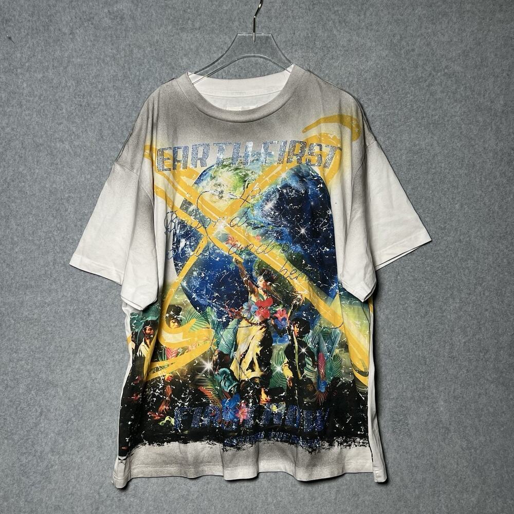 First Row New World Earth Graphic Rhinestone T Shirt Men’s XL Oversized Y2K Tee